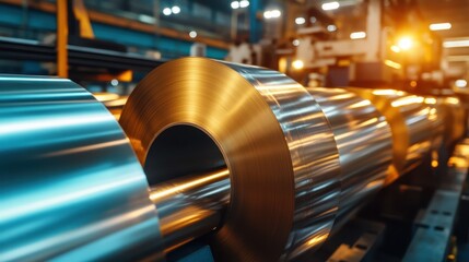 Fototapeta premium Polished steel rollers gleam under bright industrial lighting, showcasing the intricate craftsmanship and precision involved in modern manufacturing processes.