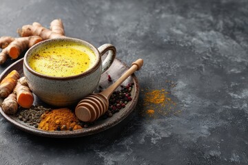 Warm nutritious beverage Turmeric latte golden milk with turmeric ginger and black pepper on a grey backdrop Room for text Ayurvedic spices Holistic health idea