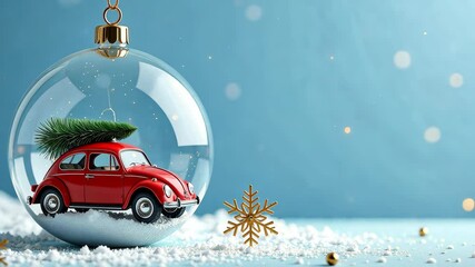 Christmas banner in pastel blue with red car and a Christmas tree figurine captured in a delicate snow globe, greeting card, copy space, glitter of garland, disappearance - Powered by Adobe