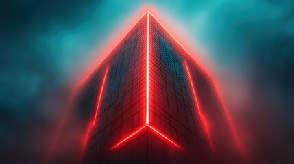 This image showcases a stunning futuristic building illuminated by vivid neon red lights, shrouded in a mysterious fog, creating an atmospheric and modern aesthetic.