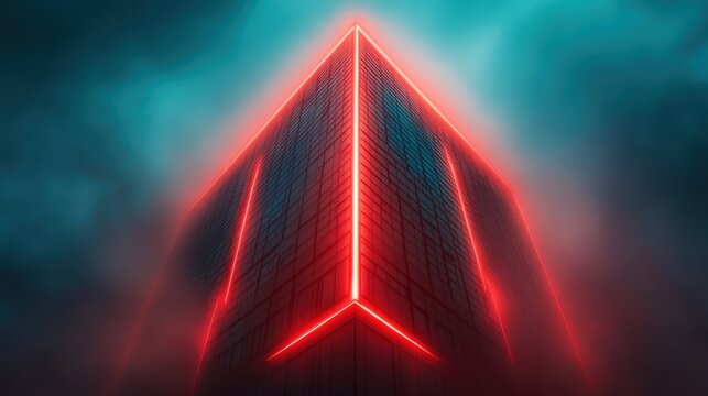 This image showcases a stunning futuristic building illuminated by vivid neon red lights, shrouded in a mysterious fog, creating an atmospheric and modern aesthetic.