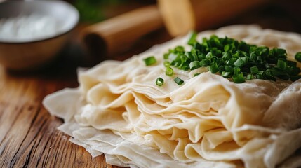Thin layers of fresh dough topped with chopped green onions create a base ready for delicious recipes. A vibrant, rustic feel highlights the joy of cooking and fresh ingredients.