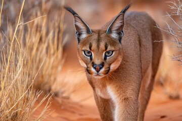 A wild Caracal a timid desert lynx strolls on sand amidst arid vegetation in Kgalagadi transfrontier park located in the Kalahari region of South Africa and Botswana
