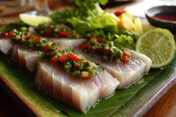 Kokoda is a classic Fijian dish featuring raw Mahi Mahi fish marinated in citrus and served with lettuce or fruit salad
