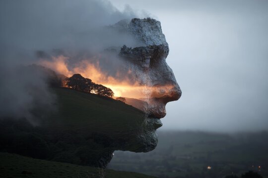 Abstract human face dissolving into clouds on rolling hills, surreal fusion of identity and environment