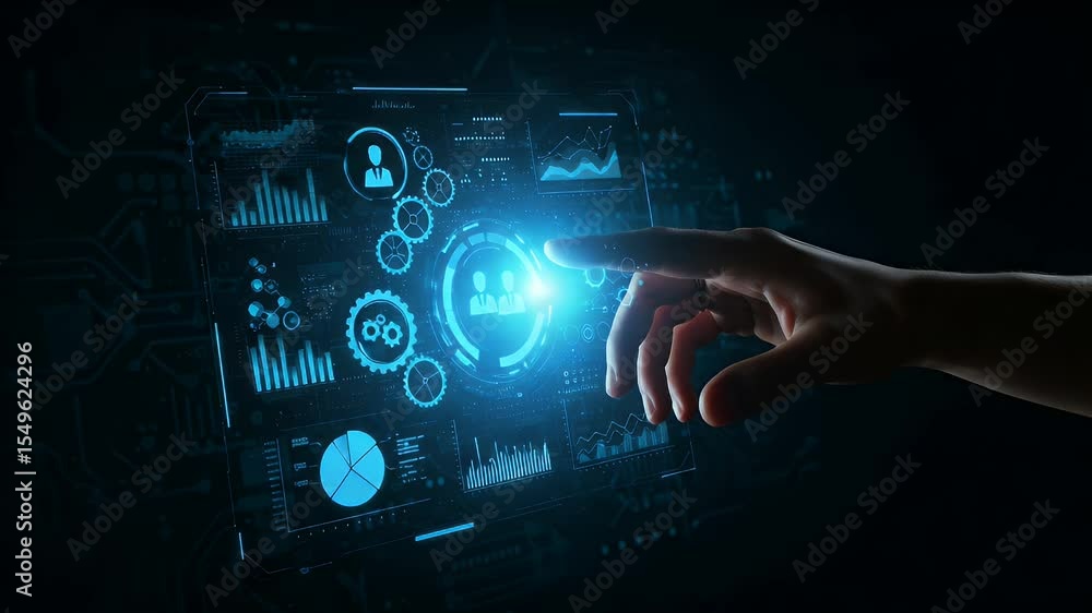 Poster holographic interface with data visualizations and a hand interacting