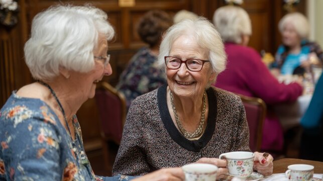 Elderly residents and volunteers chatting and enjoying tea during a community outreach event
