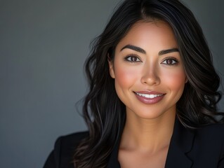 A confident smiling woman with professional hair and makeup, wearing a business suit. Headshot style portrait against a neutral background.