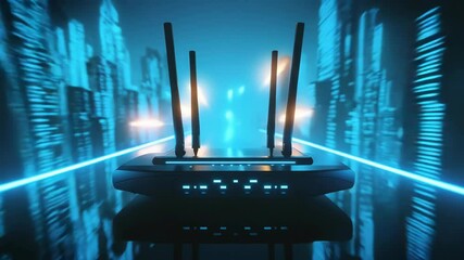 The sleek, three-antenna Wi-Fi router is surrounded by dynamic blue light bars to symbolize high-speed Internet connectivity. - Powered by Adobe
