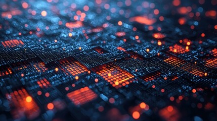 Abstract digital circuit board with glowing components.  Complex network of interconnected squares and lines.  Orange and blue light highlights details.  Blurred background enhances depth