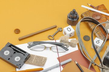 Flat lay composition with vintage journalism tools, press freedom, open-source investigation