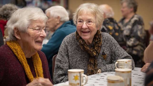 Elderly residents and volunteers chatting and enjoying tea during a community outreach event - Powered by Adobe