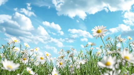 A field of white daisies under a blue sky with fluffy white clouds. © K99Design