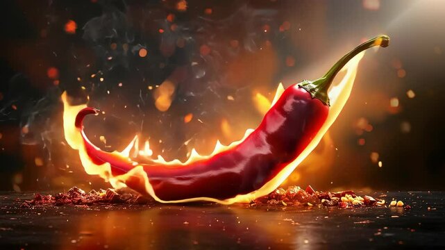 Hot spicy chilli pepper with flames