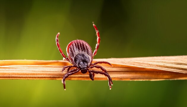 close up of ixodes ricinus tick on straw with green background