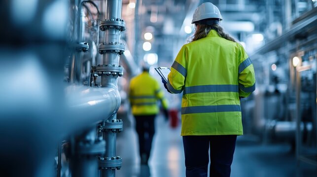 A female engineer in bright safety gear walks through a modern industrial facility, representing women in STEM and the importance of safety and professionalism in engineering fields.