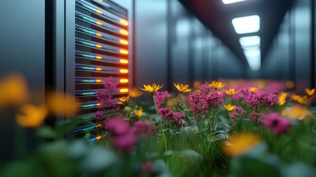 A futuristic data center decorated with vibrant flowers juxtaposes nature and technology, symbolizing the harmony between innovation and the environment.