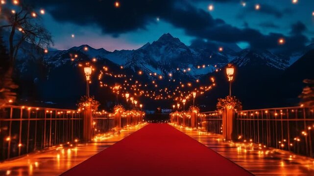Enchanting red carpet bridge with warm lights leading to majestic mountains at dusk