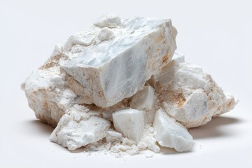 Kaolinite mineral isolated on white Its primary application is in paper production contributing to the gloss of certain coated paper types