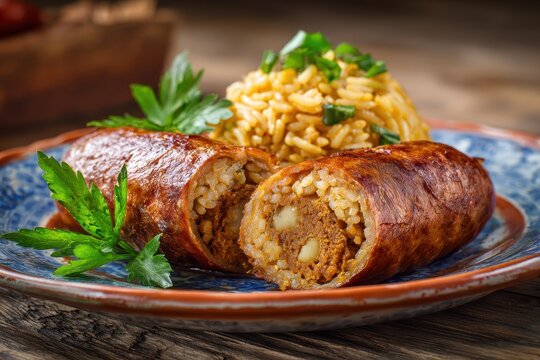 Egyptian traditional deep fried sausage mumbar is made from intestines filled with spicy rice and kofta and is a beloved dish