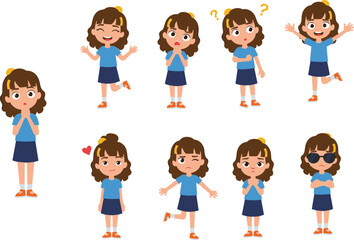 Cartoon girl expressing emotions with different facial expressions and body language, cute child character set showing happy, sad, confused, surprised, excited moods, flat vector illustration.