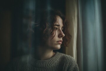 A woman feels sad and anxious at home by the window It s a difficult day A side view shows a depressed woman experiencing loneliness and facing domestic issues including violen