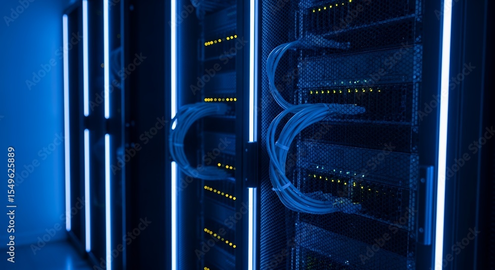 Poster data center server racks with blue cables and neon lights: high-tech infrastructure for cloud comput