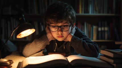 A young boy wearing glasses sits at a desk in a dimly lit room, surrounded by books and a lamp. He appears to be engrossed in reading a book.