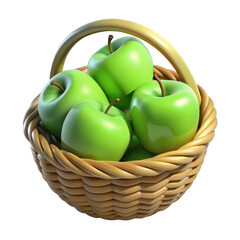 Four Bright Green Apples in a Light Brown Wicker Basket isolated on a transparent background image