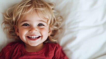 A close-up portrait of a young child with curly hair, beaming with a bright smile, capturing pure joy and innocence in a heartwarming expression.