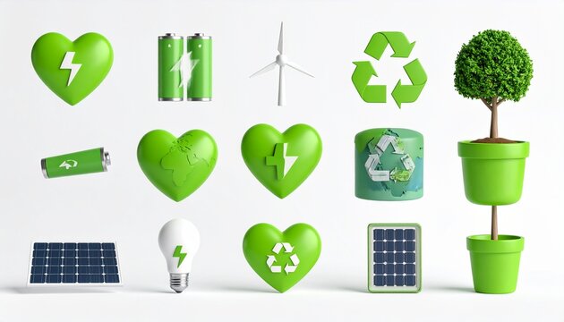 The environment 3D vector icon set._green heart,globe,battery,recycle symbol,tree in  - Powered by Adobe