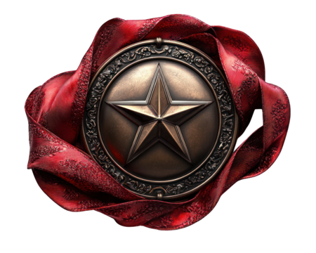 Ornate, bronze shield wrapped in crimson fabric