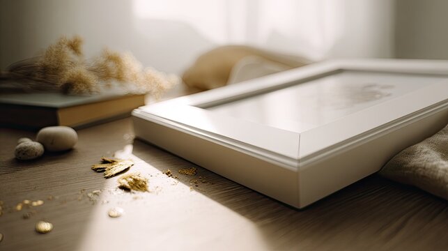 White picture frame on wood table