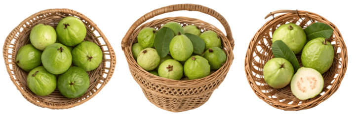 Set for Three wicker baskets filled with fresh green guavas isolated on transparent background, PNG