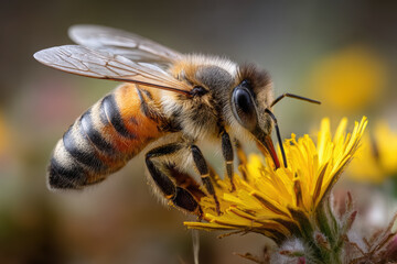 Bee pollinating a bright yellow wildflower in a sunlit meadow