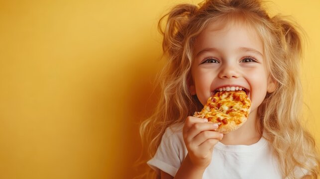 A joyful little girl with curly hair happily eating a slice of pizza, capturing the essence of childhood happiness and the simple pleasures of favorite foods.