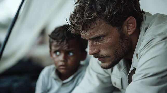 A tense yet emotional encounter shows a man and a worried boy deep in thought, possibly hinting at a challenging situation they are facing together in a vulnerable moment.