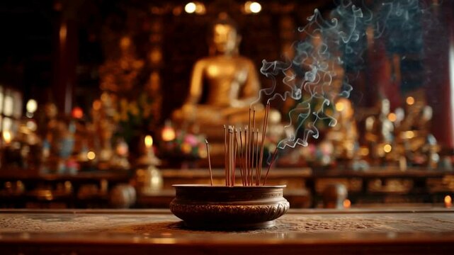 Incense Burning at a Tranquil Temple with Buddha Statue Behind