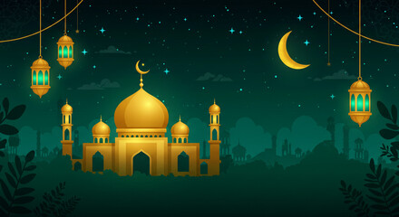 Architecture vector illustration of a mosque dome at night, a landmark symbol of religion and culture