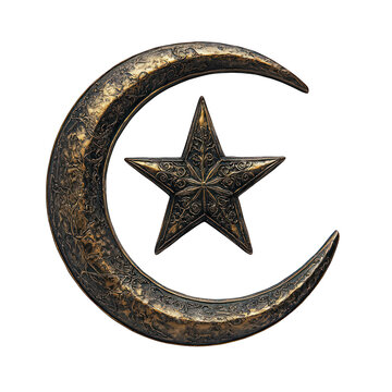 Ornate crescent moon and star, bronze-toned.  Intricate details, embossed design