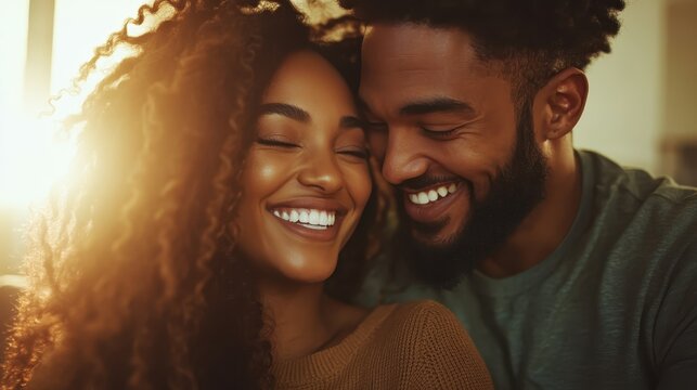 A smiling couple shares a beautiful moment together, surrounded by warm natural light, showcasing their affection and happiness in a cozy, intimate setting.