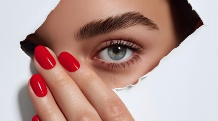 Close-up of a woman's face with red nails and eye makeup.