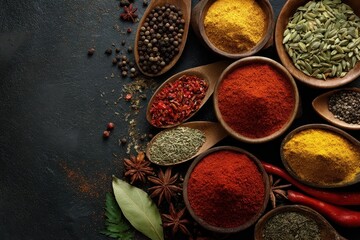 Spices and herbs viewed from above on a colorful backdrop