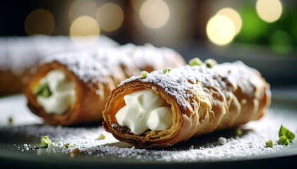 Close up of three cannoli pastries dusted with powdered sugar filled with cream and pistachios
