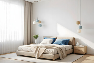 Modern beige bedroom interior with blue accents and natural light