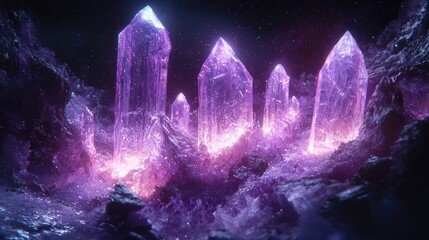 Radiant purple crystals embedded in a rocky landscape.