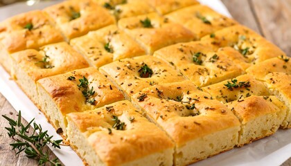 Rosemary and Thyme Focaccia Bread Cut into Squares on Parchment Paper herbs