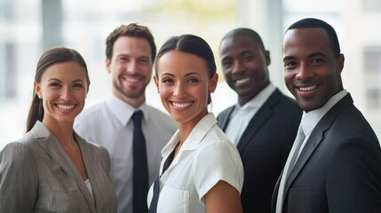 A diverse group of business professionals standing together in a modern office setting.