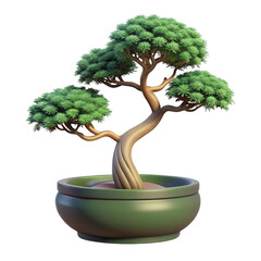 Green Bonsai Tree Silhouette in Olive Green Pot 3 D Render Isolated on Transparent Background isolated on a transparent background