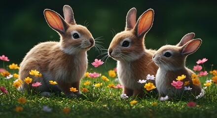 Obraz premium Bunny, Bunnies, Rabbit, Three adorable bunnies in a field of flowers